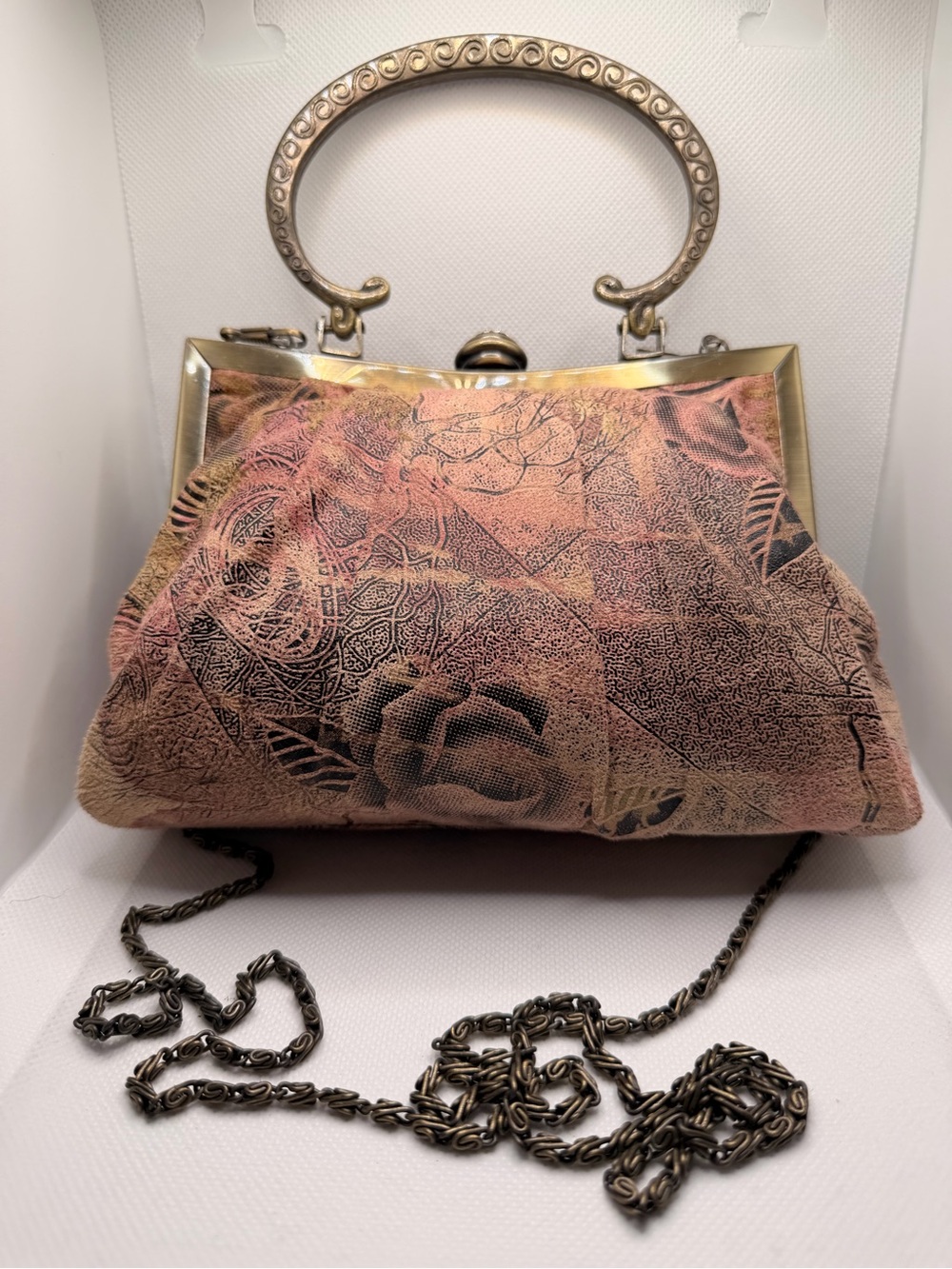 Vintage Floral Frame Kiss Lock Evening Bag Bronze Chain Strap - Picture 2 of 10